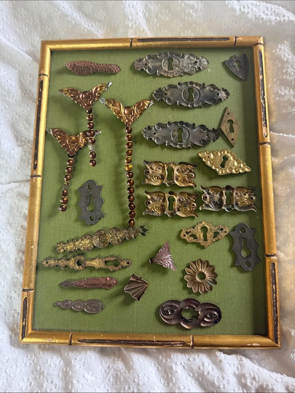 Lot of Vintage Decorative Keyhole Escutcheons and metal decor pieces